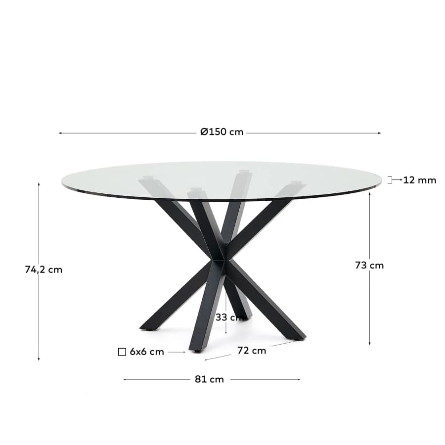 Argo ronde tafel in glas met zwarte stalen poten met houteffect Ø 150 cm