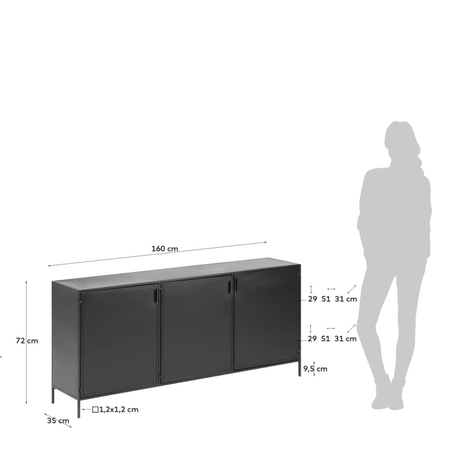 Shantay metal sideboard in a painted black finish with 3 doors, 160 x 72 cm