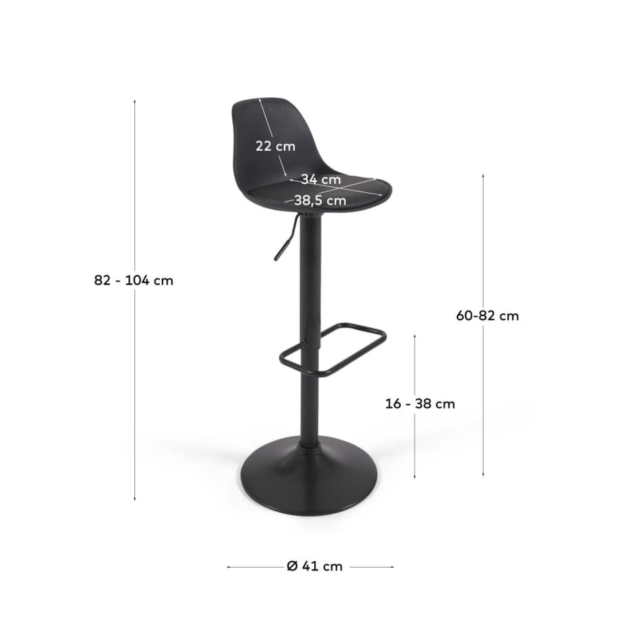 Orlando-T barstool - black synthetic leather and matt black steel 60-82 cm
