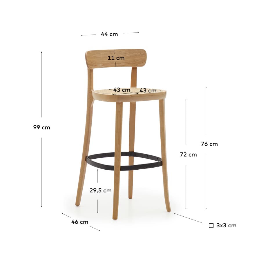 Romane stool beechwood stool with a natural finish, ash wood veneer and ratan seat 75 cm