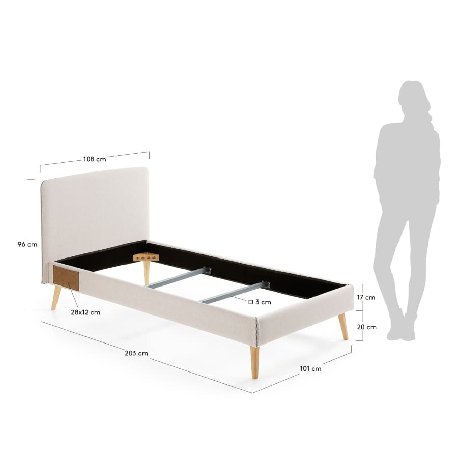 Dyla bed with removable cover in beige, with solid beech wood legs for a 90 x 190 cm mattress