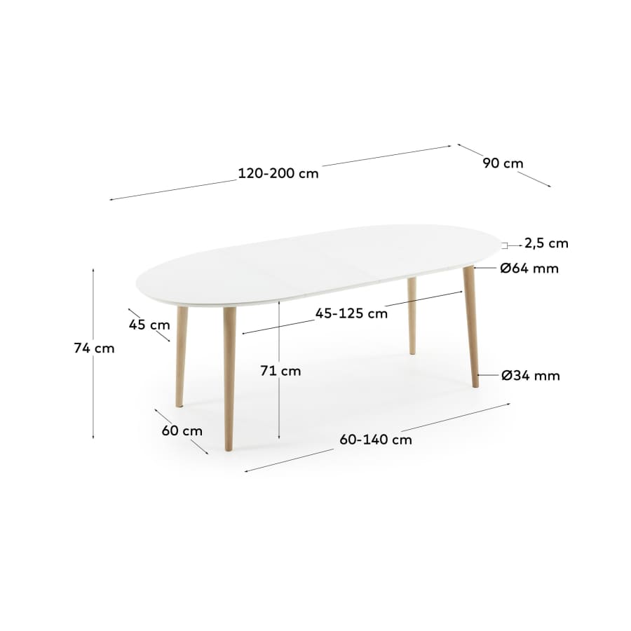 Table extensible ovale Oqui MDF laqué blanc et pieds bois hêtre 120 (200) x 90 cm