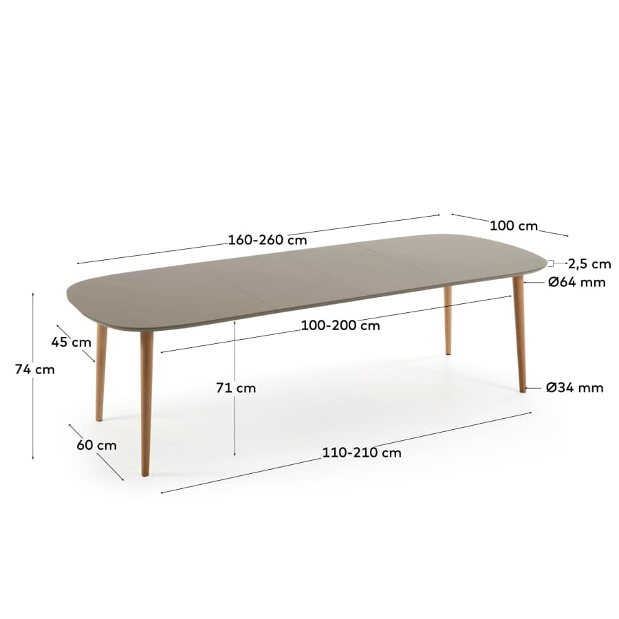 Oqui oval extendable MDF table with brown lacquer and solid beech legs 160 (260) x 100 cm