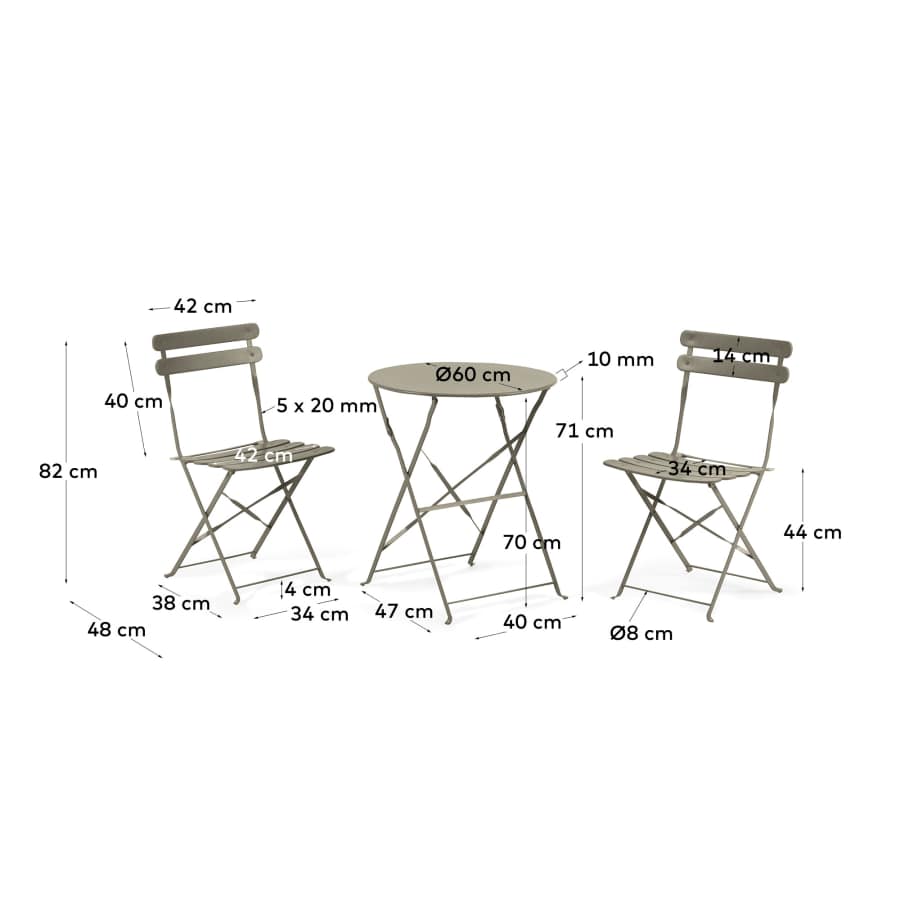 Ensemble table et 2 chaises de jardin pliables Beryl en métal vert