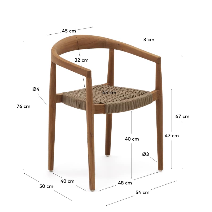 Ydalia stackable outdoor chair in solid teak wood with natural finish and beige rope