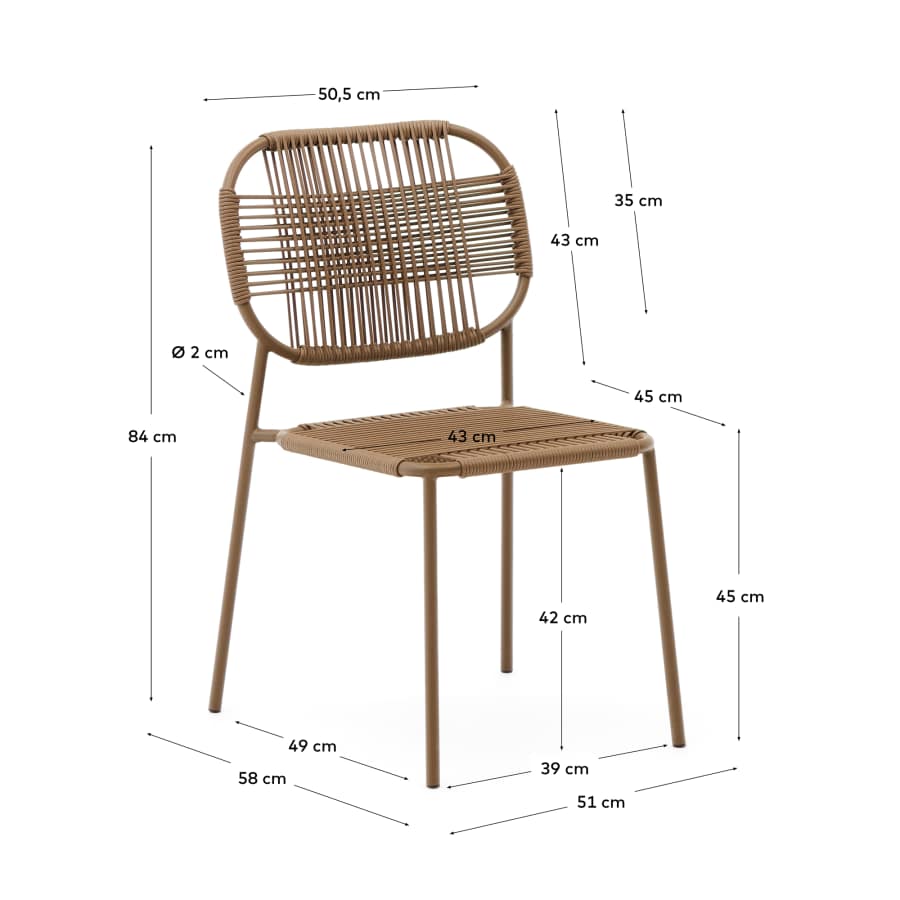 Talaier stackable outdoor chair made of synthetic rope and galvanized steel in brown finish