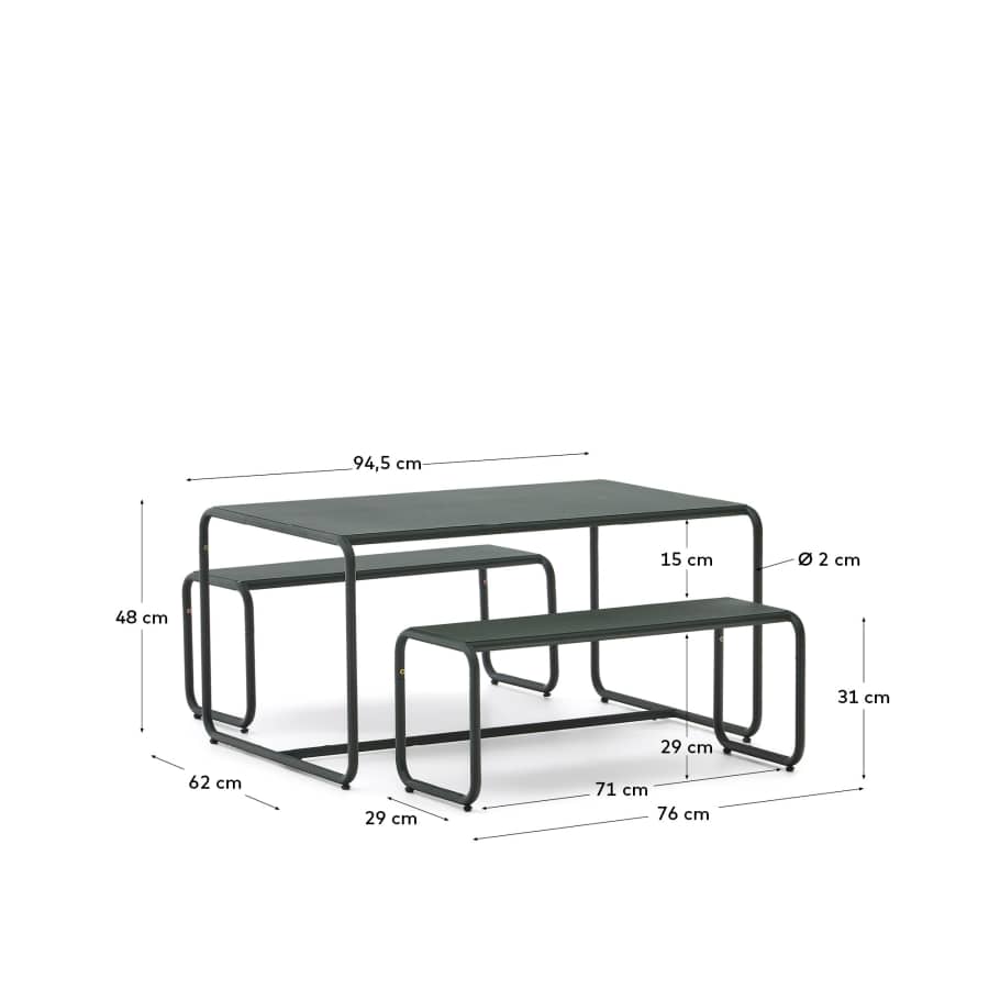 Sotil Children's Set of 2 Benches and Galvanized Steel Table with Green Finish 95 x 62 cm
