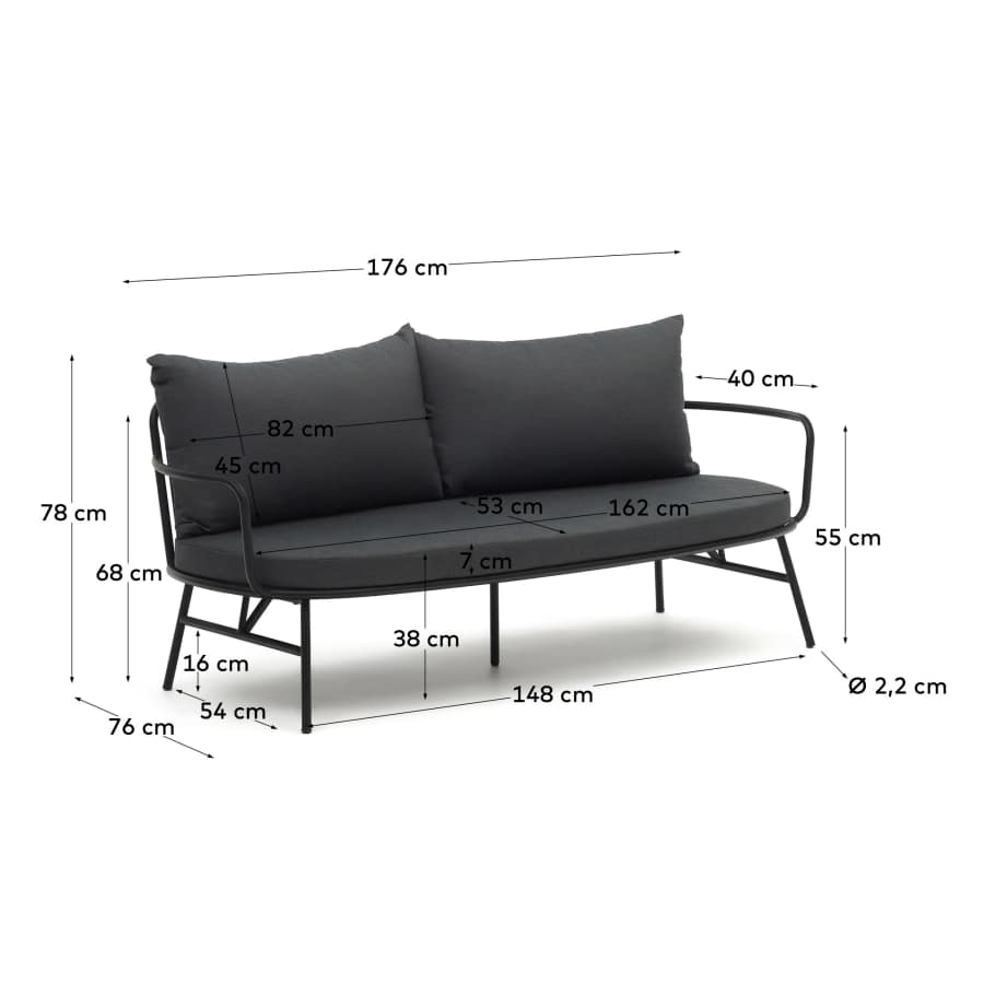 Bramant steel 2 seater sofa with black finish, 175.5 cm