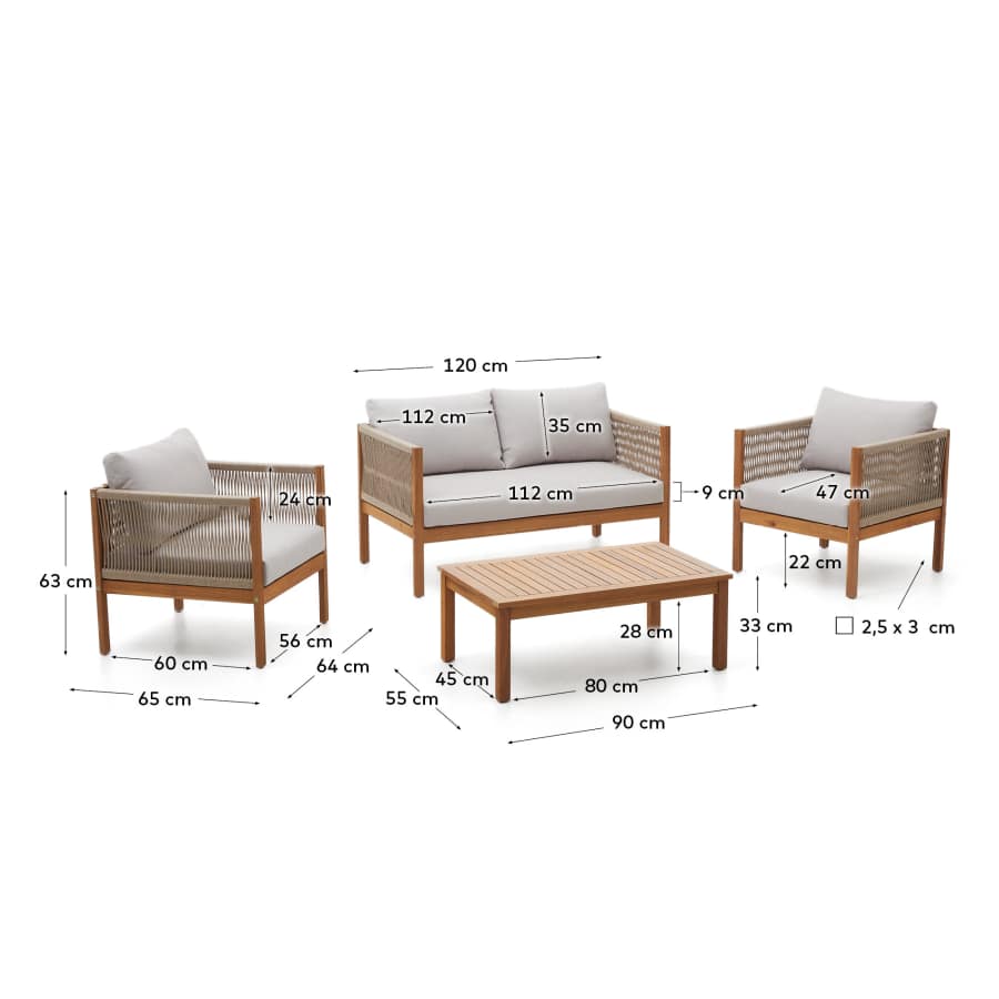 Ensemble Esgrau canapé 2 places, 2 fauteuils et table basse en bois d’acacia FSC 100 % corde beige