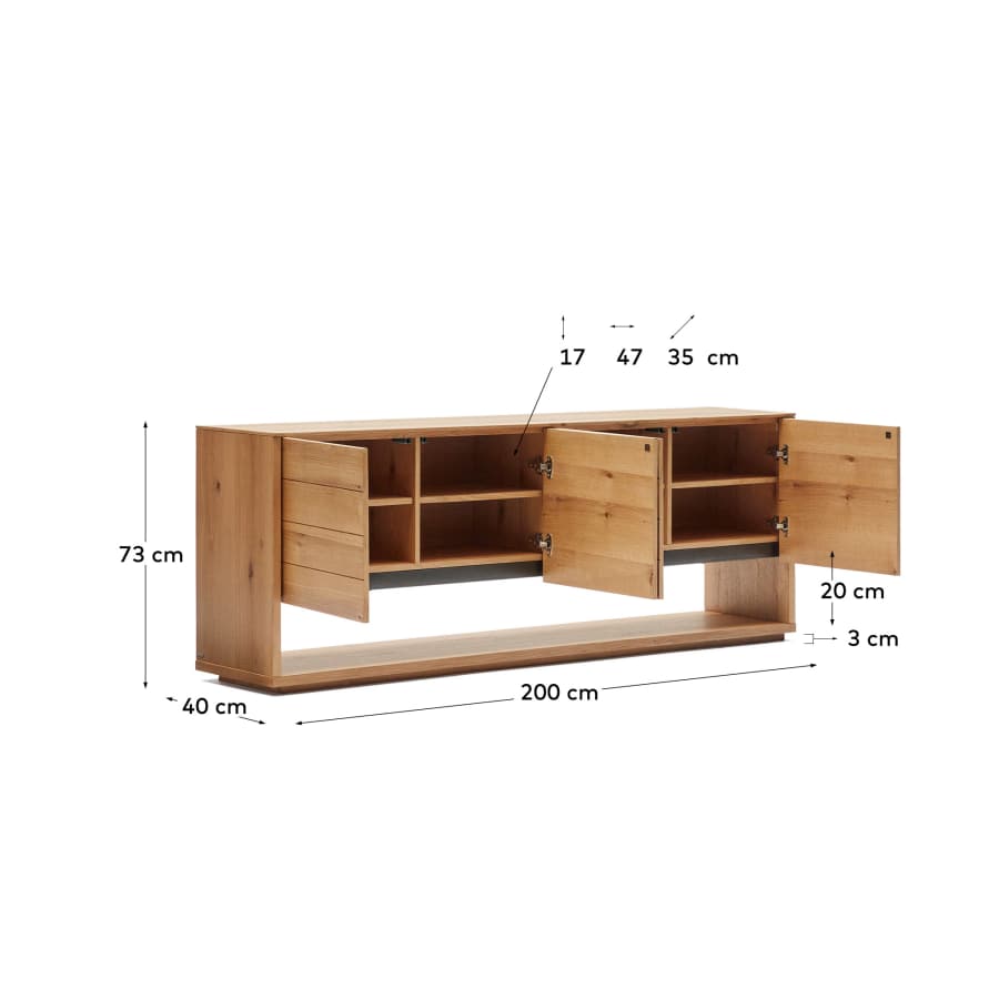 Alguema sideboard with 4 doors in oak veneer with natural finish, 200 x 74 cm