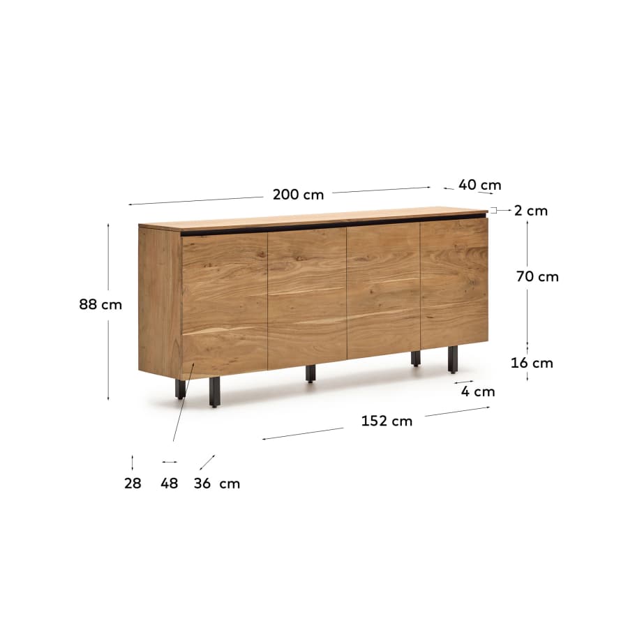 Uxue solid acacia wood 4 door sideboard in a natural finish, 200 x 88 cm
