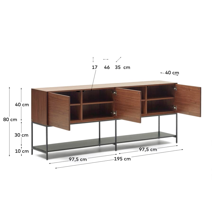Vedrana 3 door sideboard in walnut veneer with steel legs, 195 x 80 cm