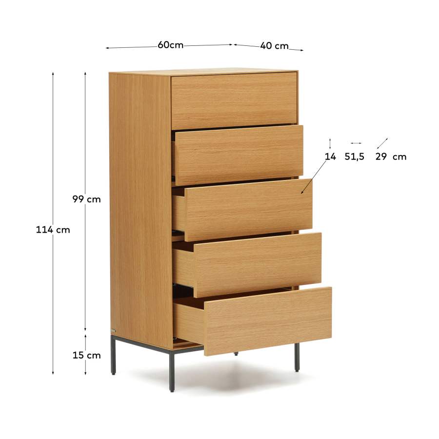 Vedrana 5 drawer chest of drawers in oak veneer with black steel legs, 60 x 114 cm