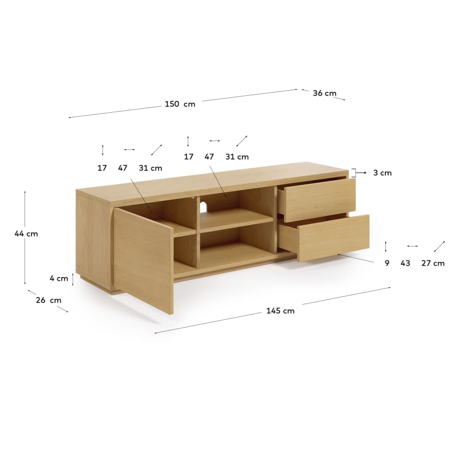 Meuble TV Abilen 1 porte et 2 tiroirs placage de chêne 150 x 44 cm FSC 100%