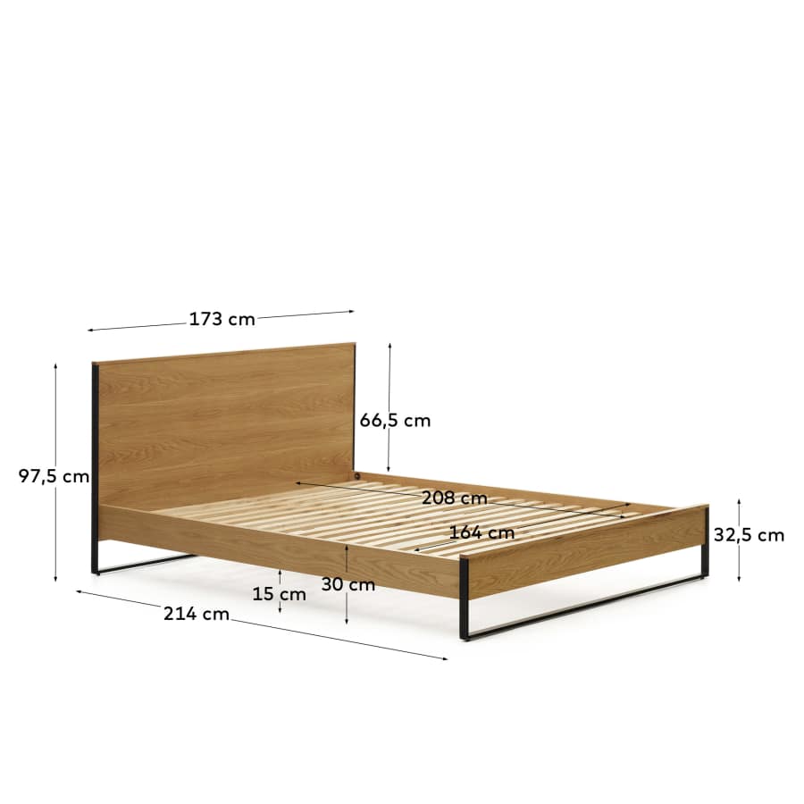 Taiana oak wood veneer bed with steel legs in a black finish, 160 x 200 cm