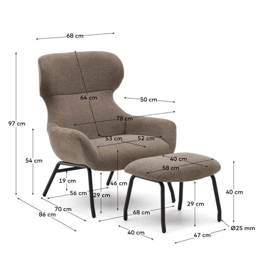 Butaca con reposapiés Belina de chenilla marrón claro y acero con acabado negro