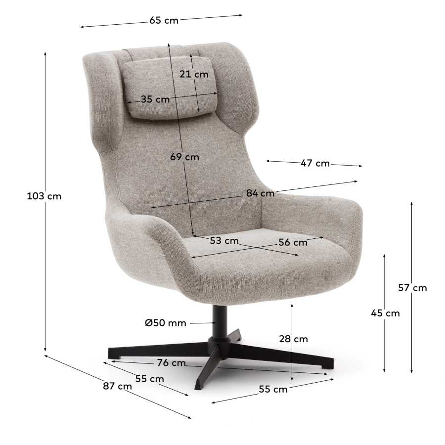 Poltrona girevole con braccioli Zalina di ciniglia beige e acciaio con finitura nera FSC 100%