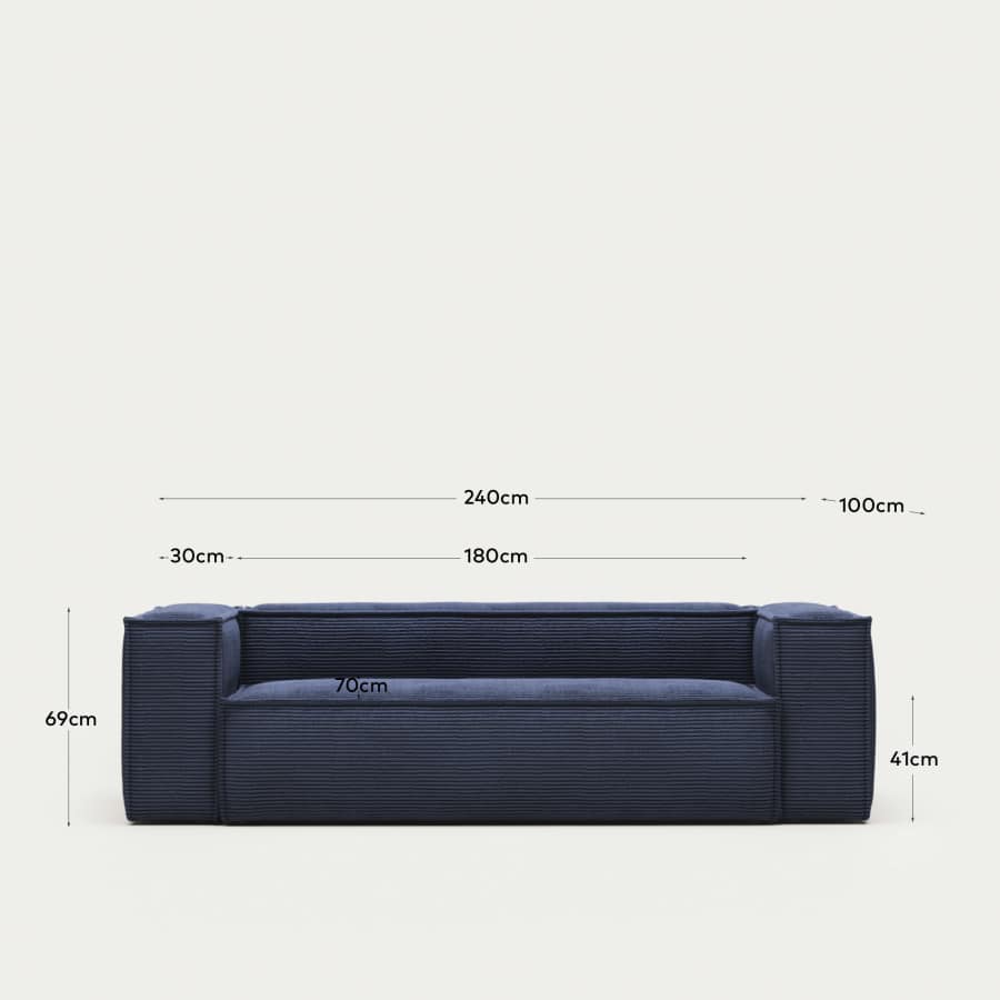 3-Sitzer-Sofa Blok, schwer entflammbar mit dickem, blauem Cord, 240 cm, FSC Mix Credit