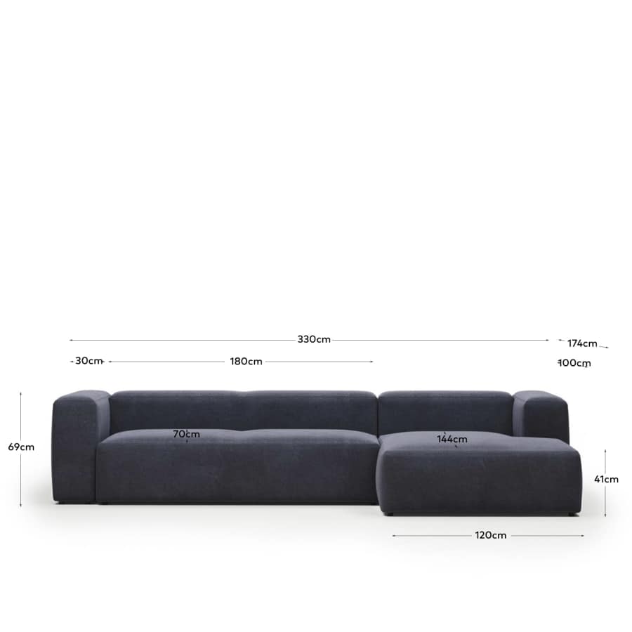 Blok 4 seater sofa with right side chaise longue in blue, 330 cm FR