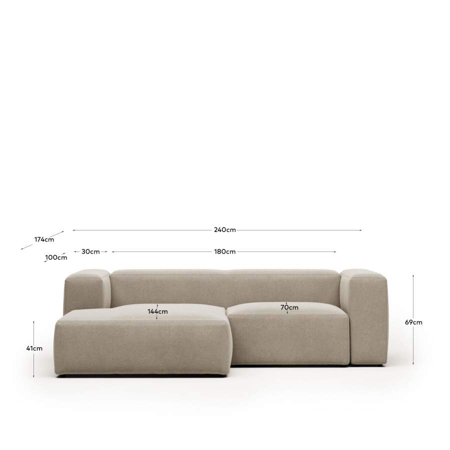 Blok fire-retardant 2-seater sofa with left chaise longue in beige chenille 240cm