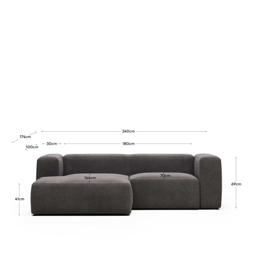 Blok 2 seater sofa with left side chaise longue in grey, 240 cm FR