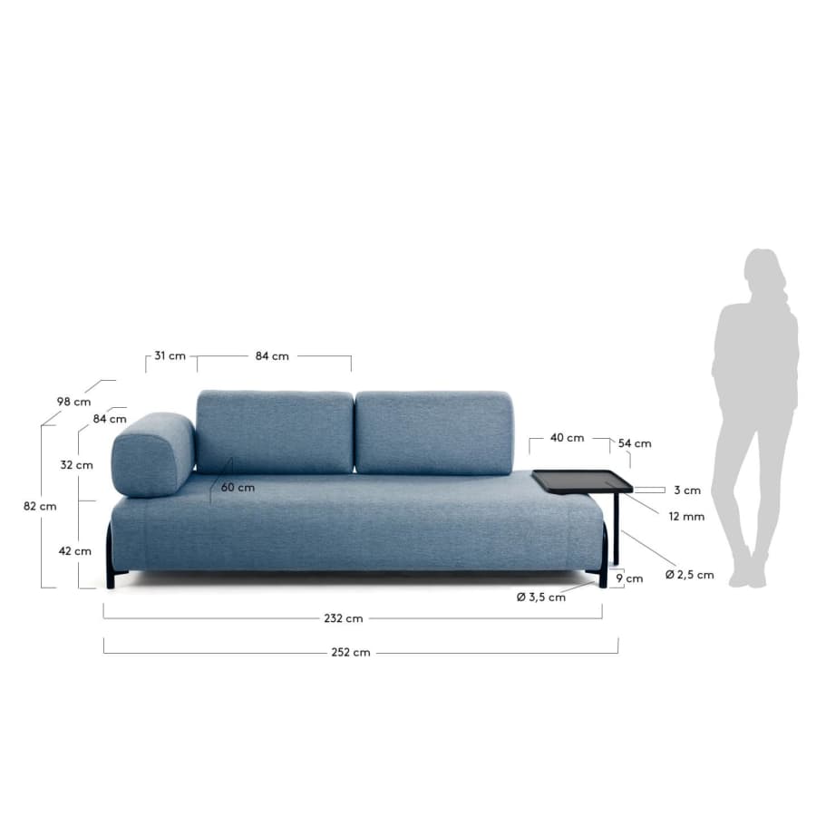 Compo 3 seater sofa with large tray in blue, 252 cm