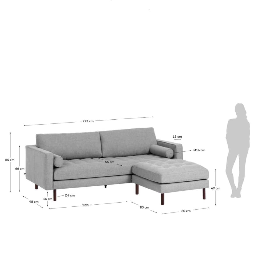 Debra 3 seater sofa with footrest in light grey, 222 cm