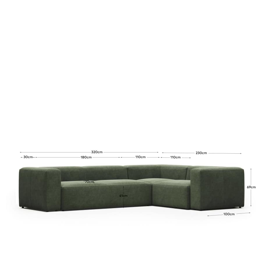 Blok 4 seater corner sofa in green, 320 x 230 cm / 230 x 320 cm FR