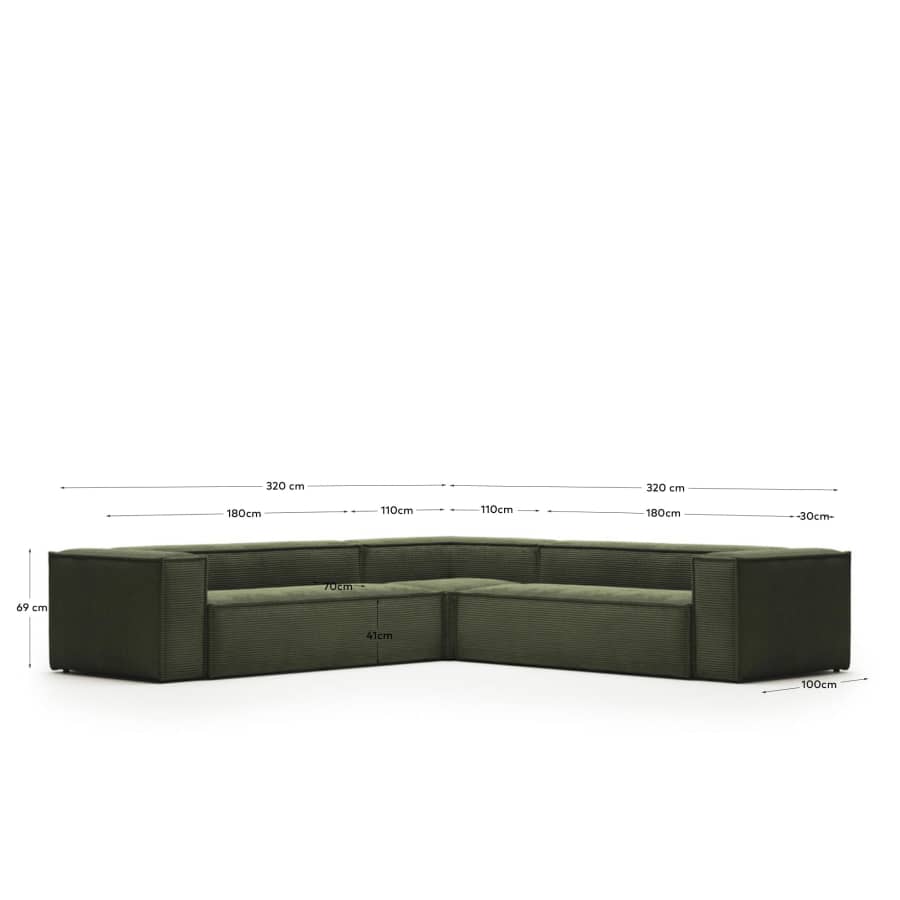 Blok 6 seater corner sofa in green corduroy, 320 x 320 cm FR