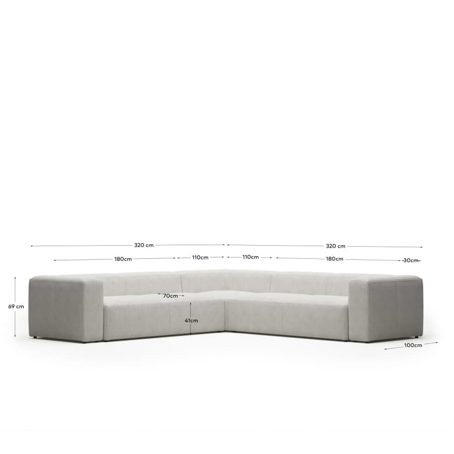 Blok 6 seater corner sofa in white fleece, 320 x 320 cm FR