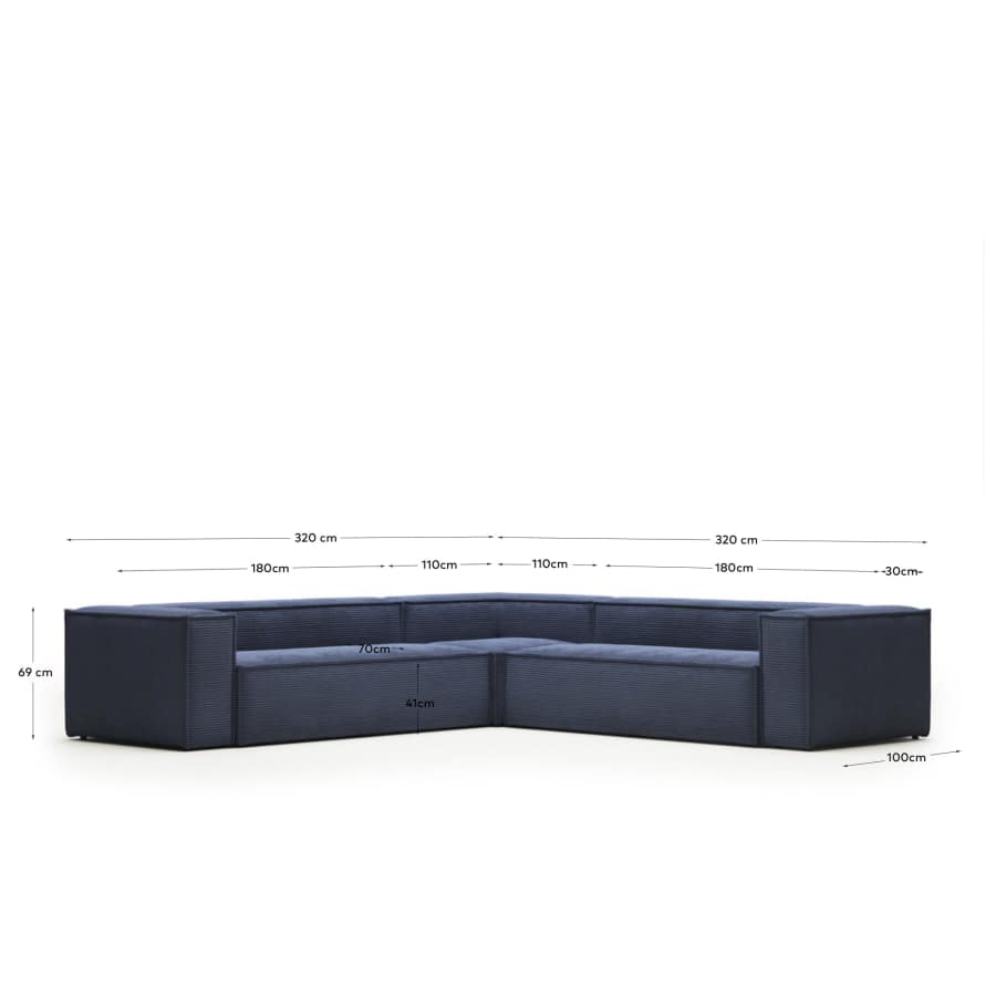 Blok 6 seater corner sofa in blue corduroy, 320 x 320 cm FR