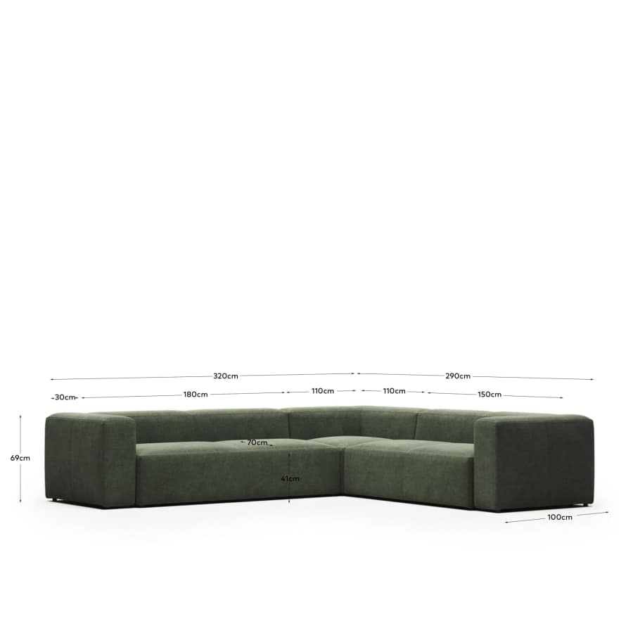 Blok 5 seater corner sofa in green, 320 x 290 cm / 290 x 320 cm FR