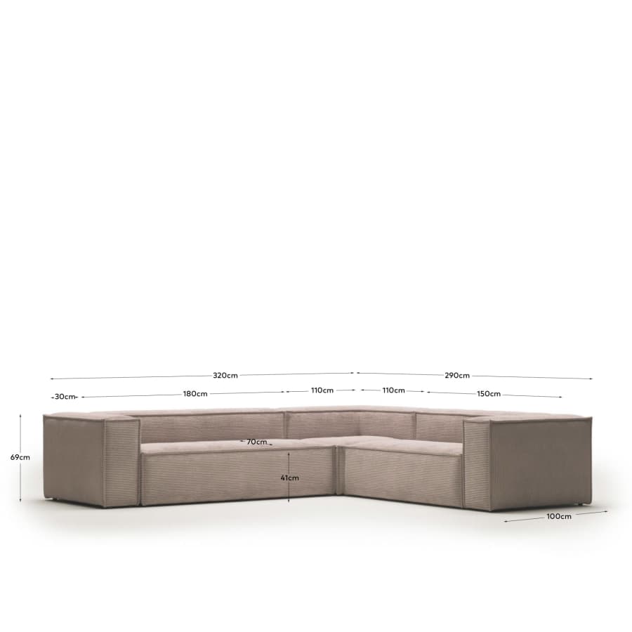 Blok 5 seater corner sofa in pink wide seam corduroy, 320 x 290 / 290 x 320 cm