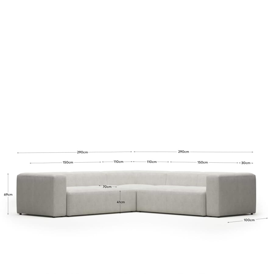Blok 4 seater corner sofa in white fleece, 290 x 290 cm FR