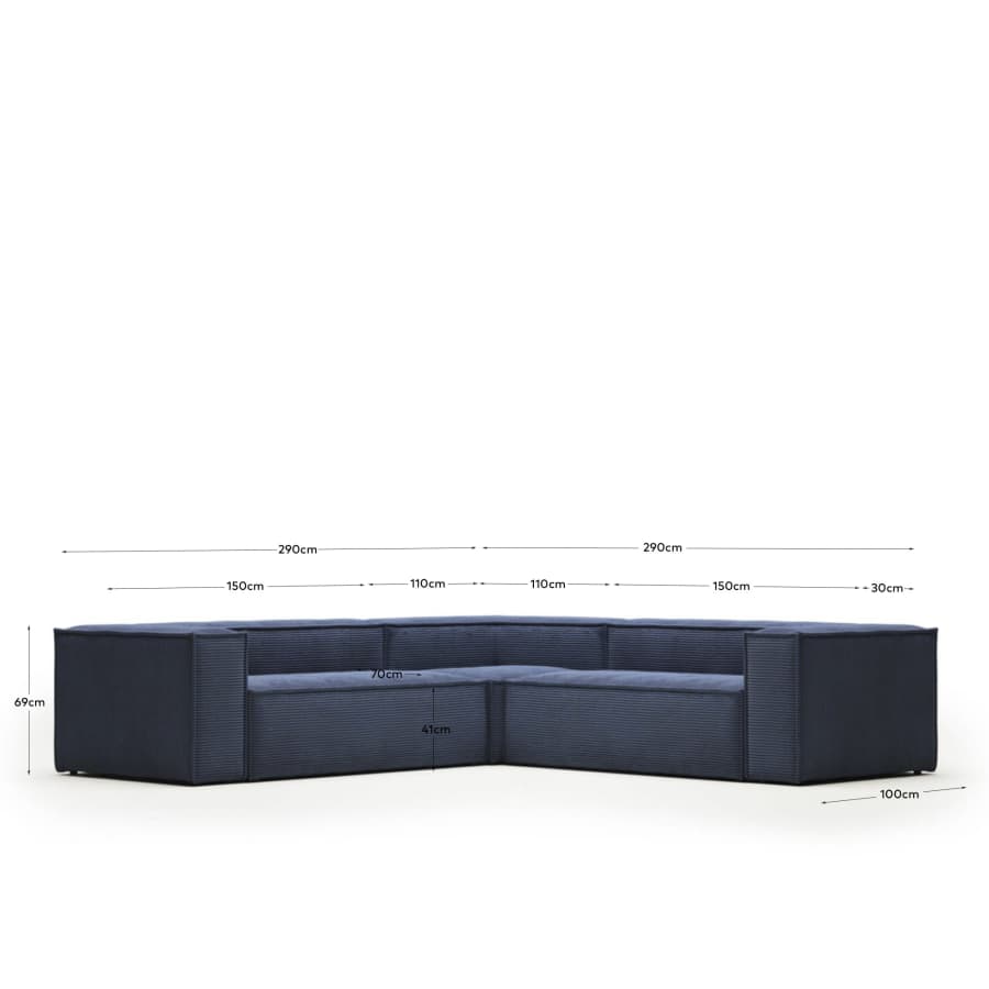 Blok 4 seater corner sofa in blue corduroy, 290 x 290 cm FR