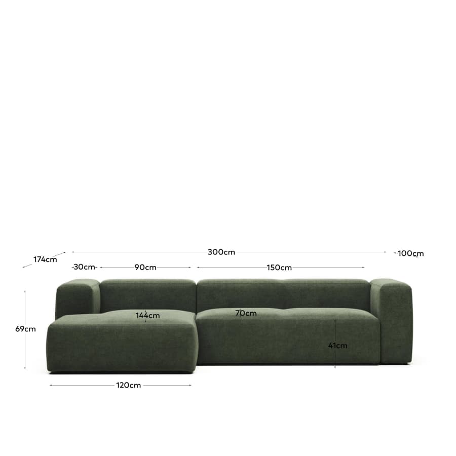 Blok fire-retardant 3-seater sofa with left chaise longue in green chenille 300cm