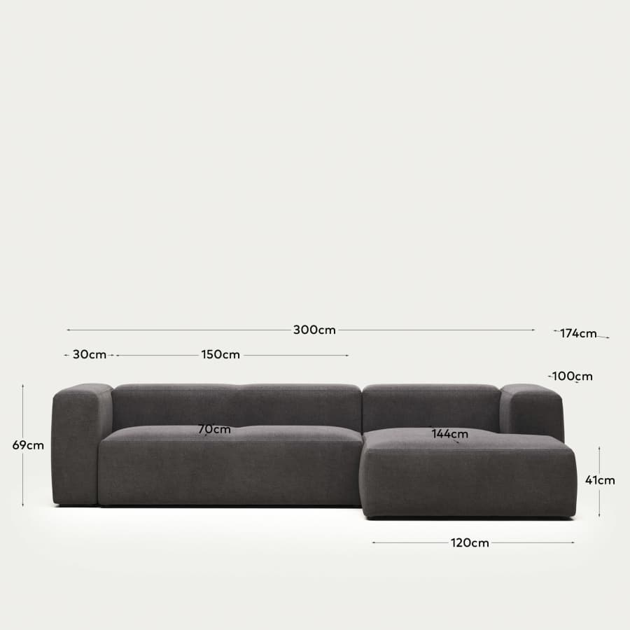 Blok fire-retardant 3-seater sofa with right chaise longue in grey chenille 300cm
