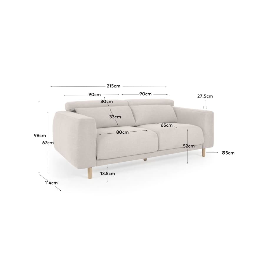 Singa 3 seater sofa with reclining headrest and extendable seat in white 215 cm