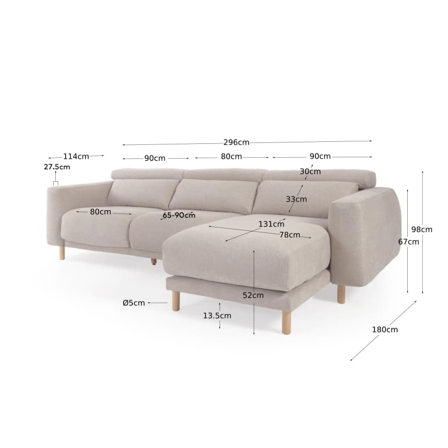 Sofà Singa 3 places chaise longue dret capçal reclinable i seient extensible beix 296 cm FSC Mix Credit