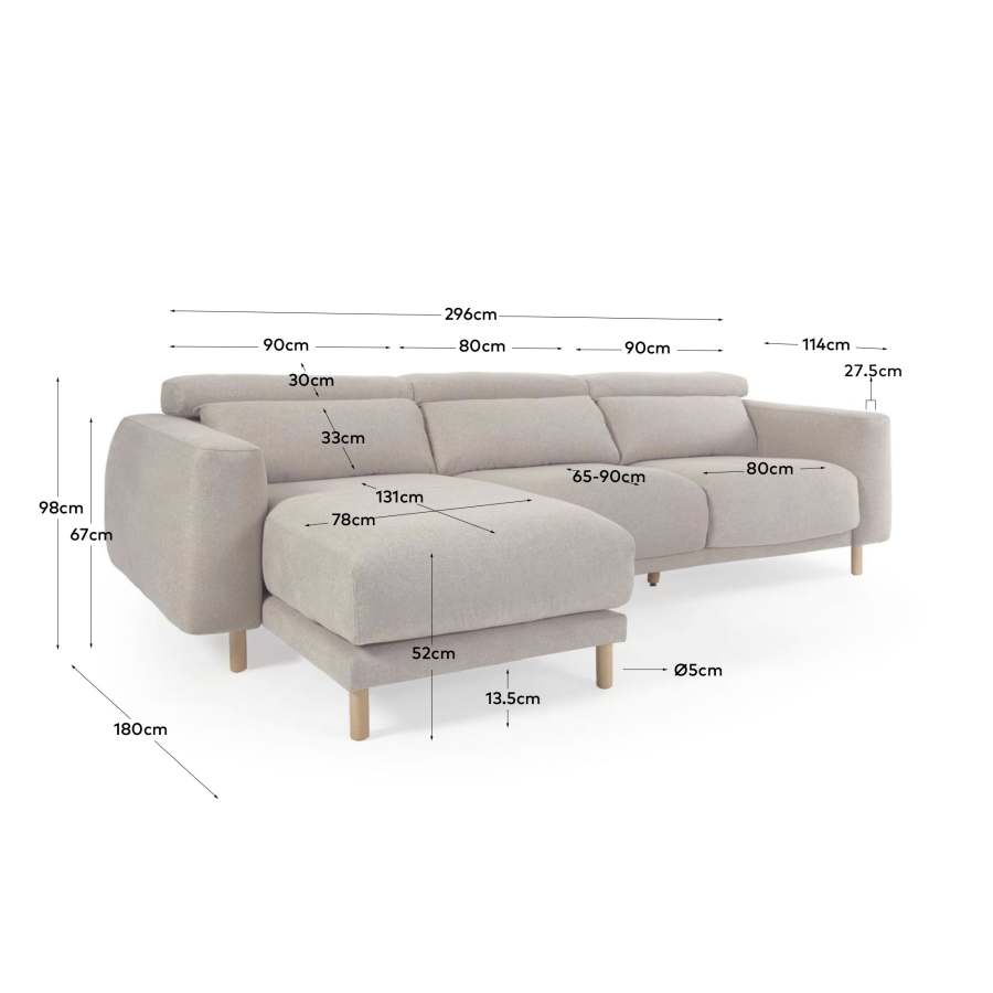 Sofà Singa 3 places chaise longue esquerre capçal reclinable i seient extensible beix 296 cm FSC Mix Credit