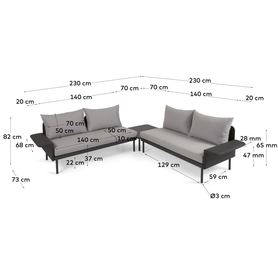 Zaltana outdoor corner sofa and table set in matt dark grey aluminium, 164 cm