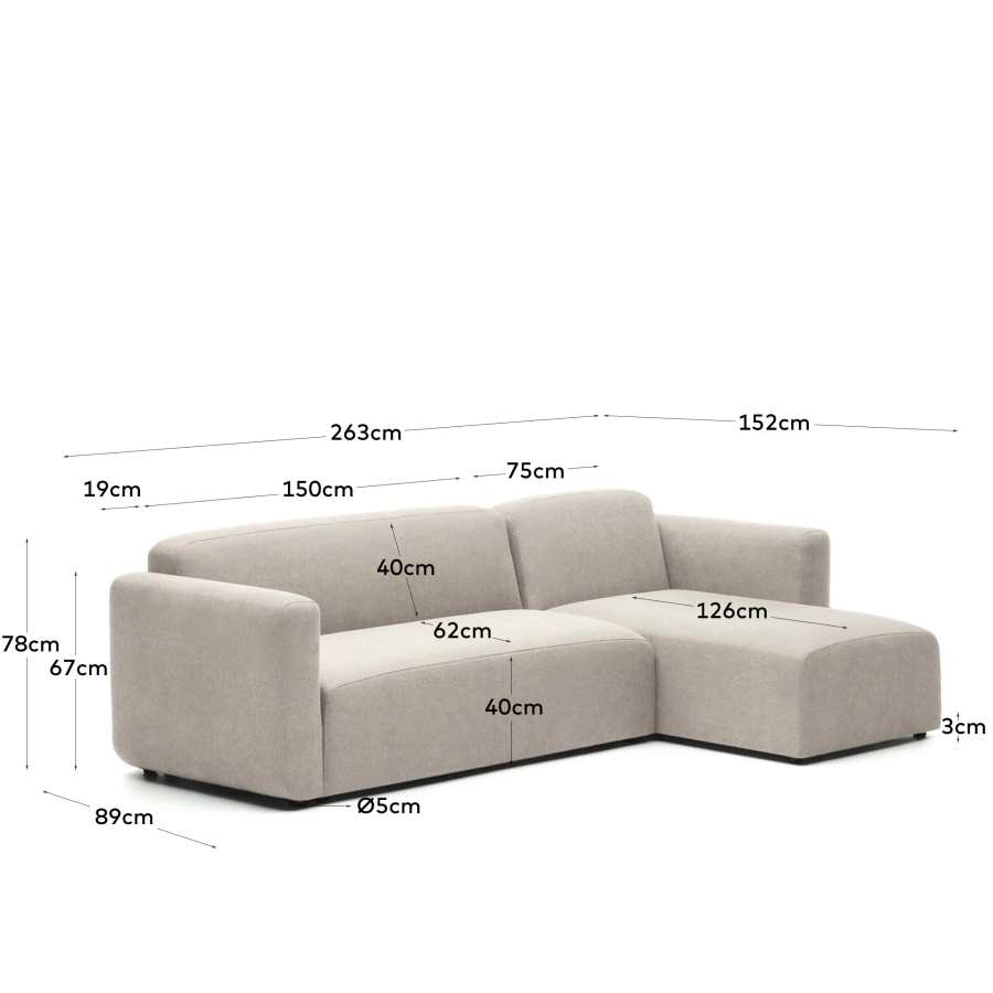 Neom 3 seater modular sofa, right/left chaise longue in beige, 263 cm FSC Mix Credit