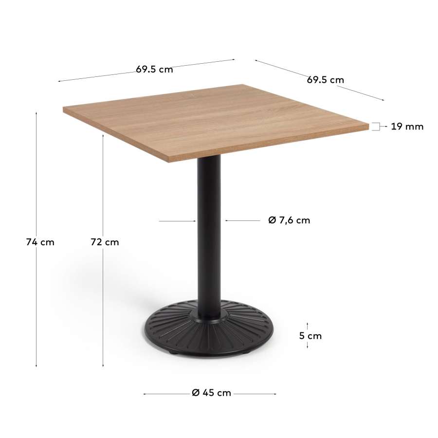 Tiaret melamine table in a natural finish with metal leg in a black finish, 69.5x69.5cm
