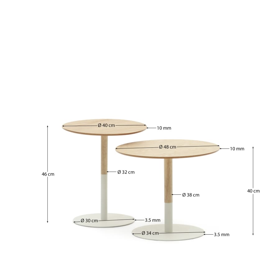 Watse set of 2 side tables in oak wood veneer and matte white metal, Ø 40 cm/Ø 48 cm