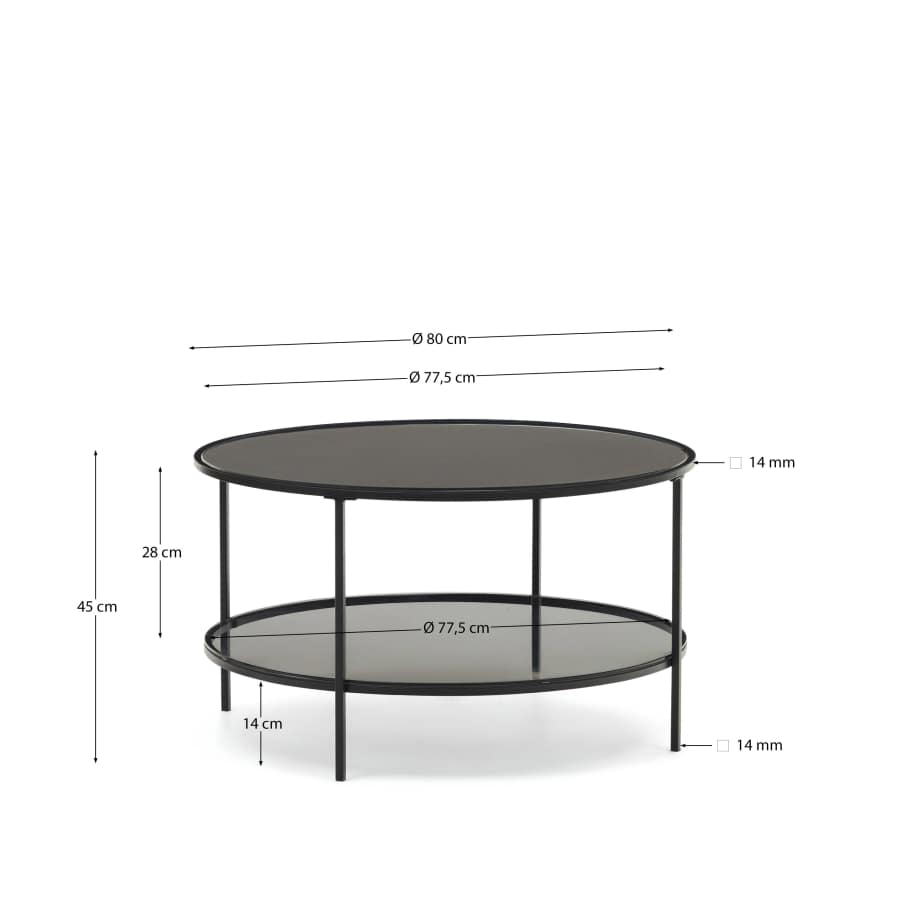 Gilda tempered glass and metal coffee table with a matte black finish, Ø 80 cm