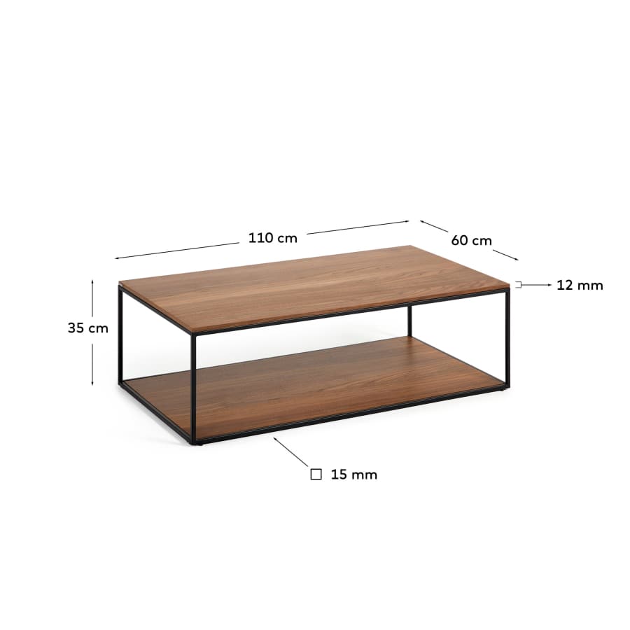 Yoana coffee table with oak walnut veneer and painted black metal structure, 110 x 60 cm