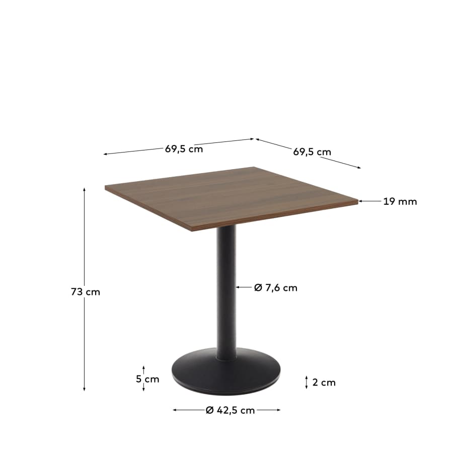 Esilda table in walnut finish melamine with metal leg in a painted black finish, 70 x 70 x 70 cm