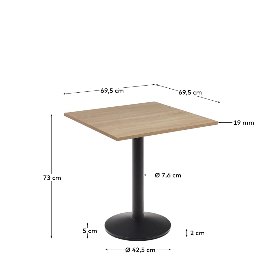 Esilda table in natural finish melamine with metal leg in a painted black finish, 70x70x70 cm
