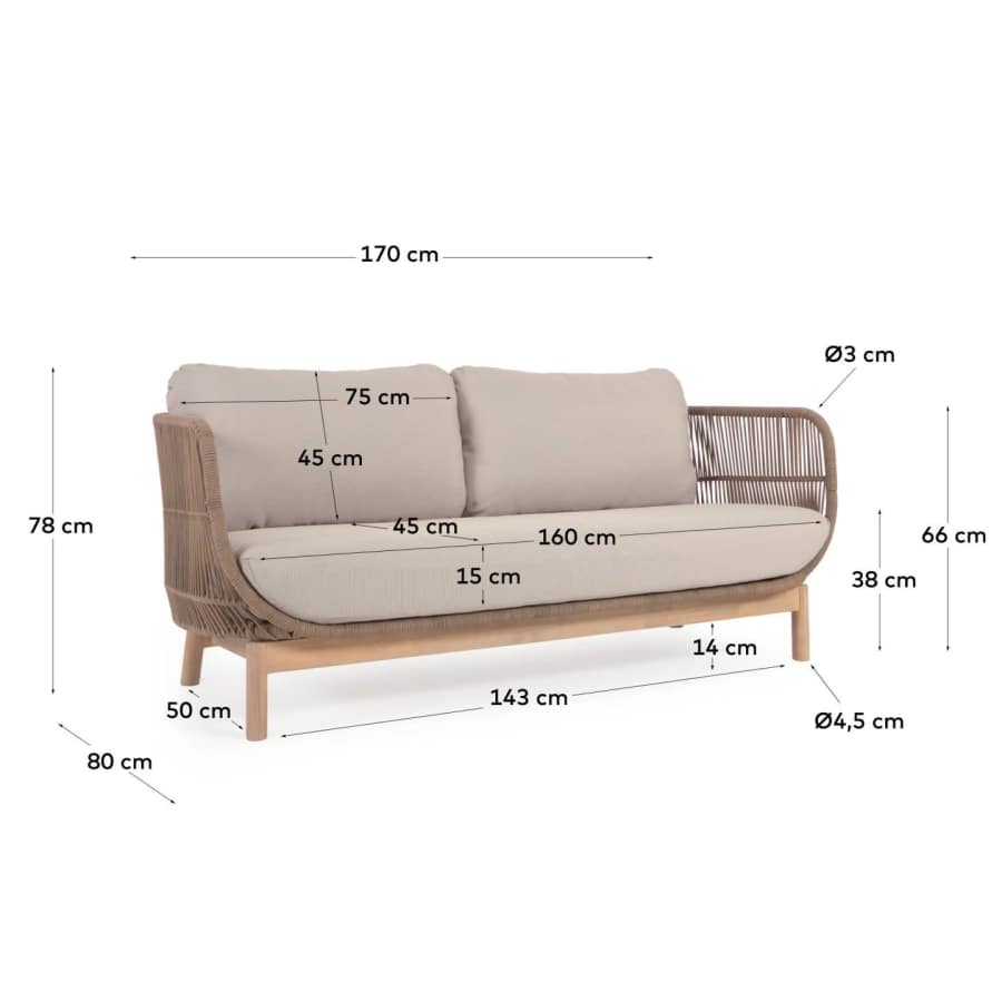 Catalina 3 seater sofa made with beige cord and solid acacia wood, 170 cm FSC 100%