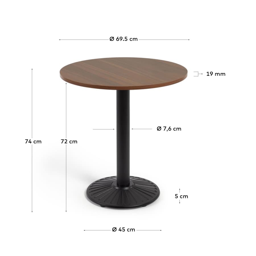 Tiaret round table in walnut wood finish with metal leg in a painted black finish, Ø 69.5cm